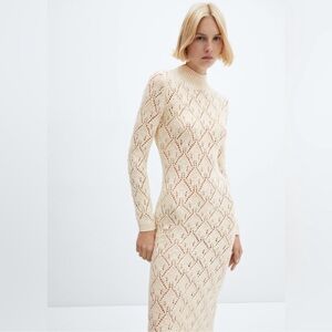 Mango Beige Patterned Long Sleeve Dress